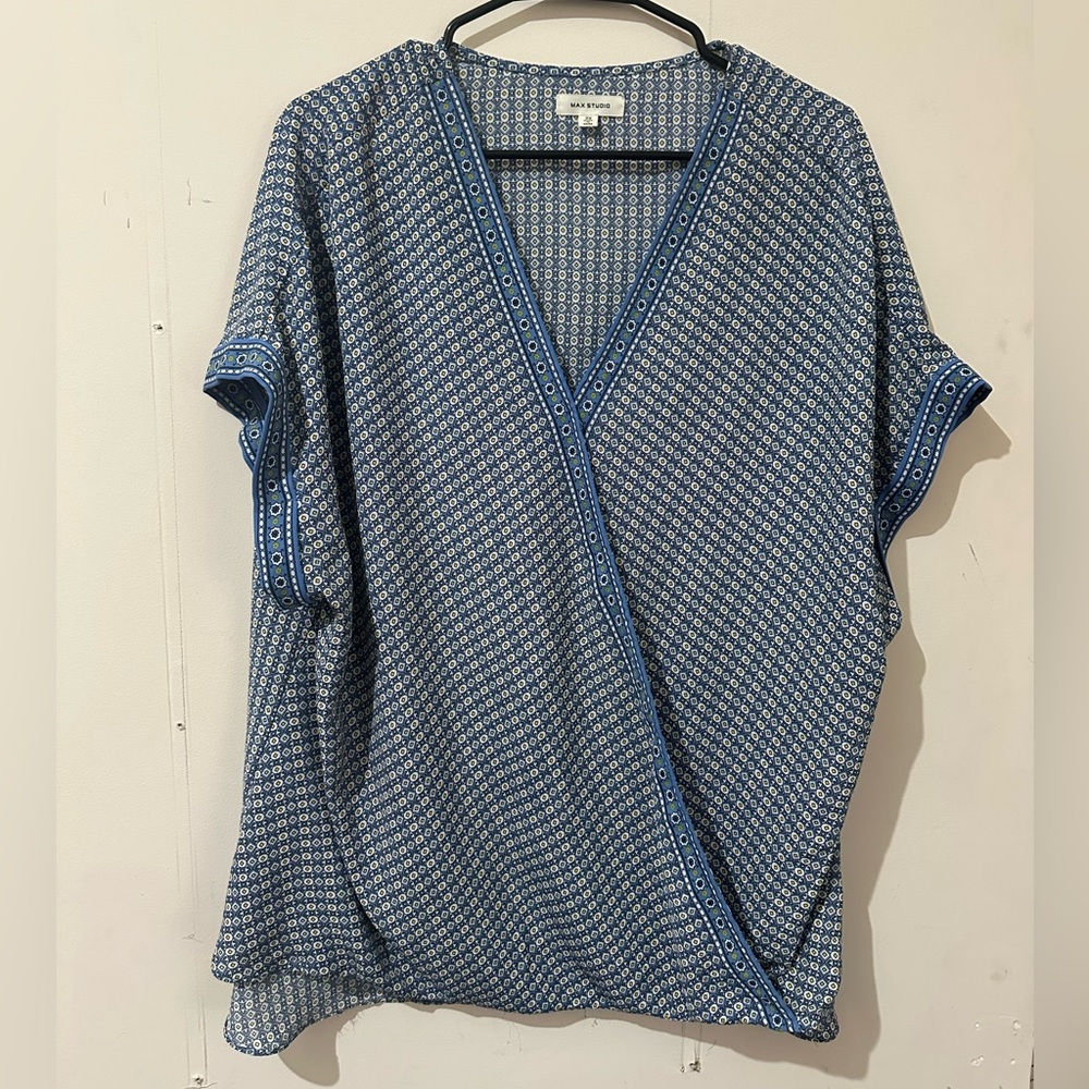 Max Studio 2X Blue Crepe Pullover Faux Wrap Blouse Lagenlook Peasant